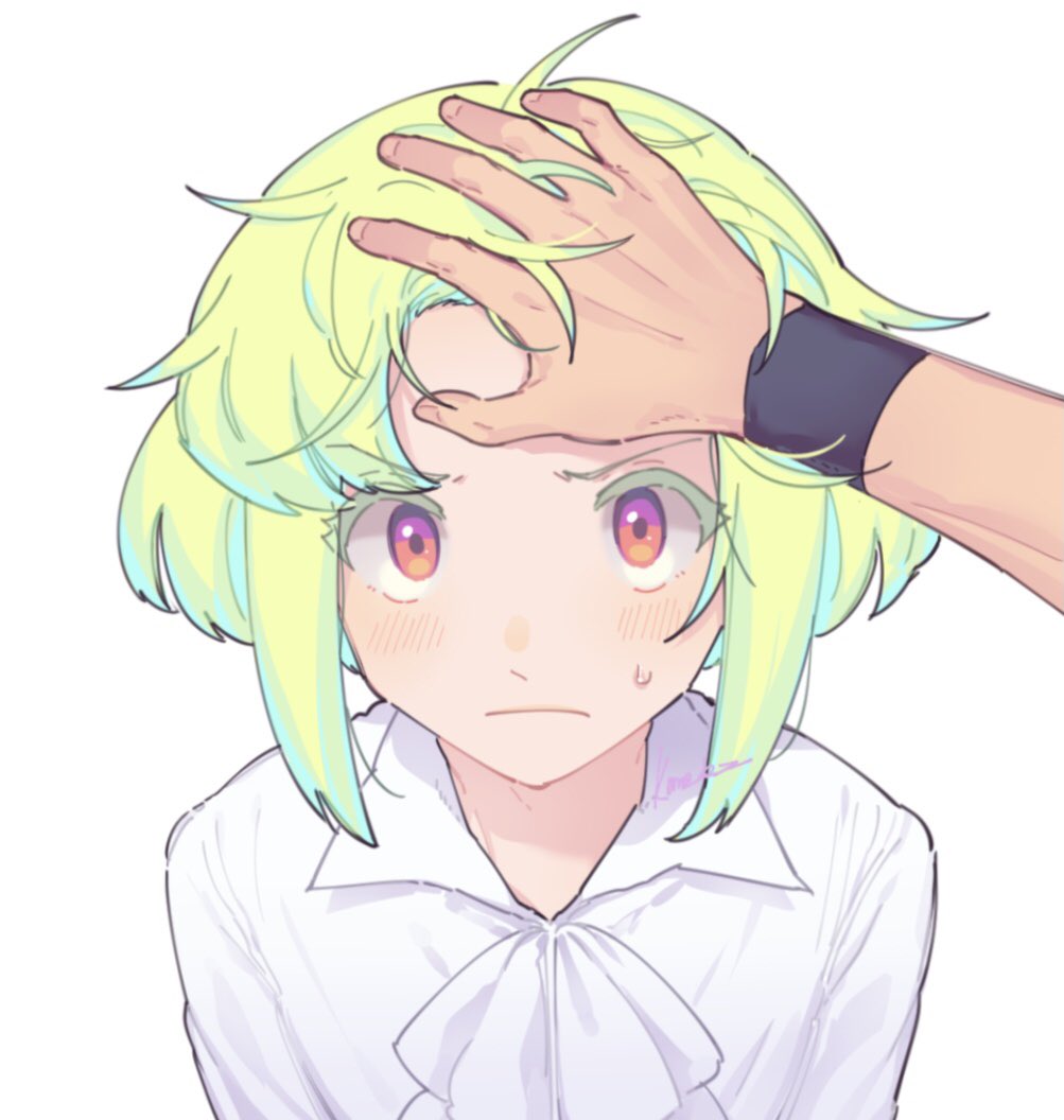 2boys ascot black_wristband blush galo_thymos green_hair headpat kome_1022 lio_fotia looking_at_viewer looking_up male_focus multiple_boys otoko_no_ko out_of_frame pov pov_hands promare ruffling_hair shirt short_hair sidelocks simple_background sweatdrop v-shaped_eyebrows violet_eyes white_ascot white_background white_shirt