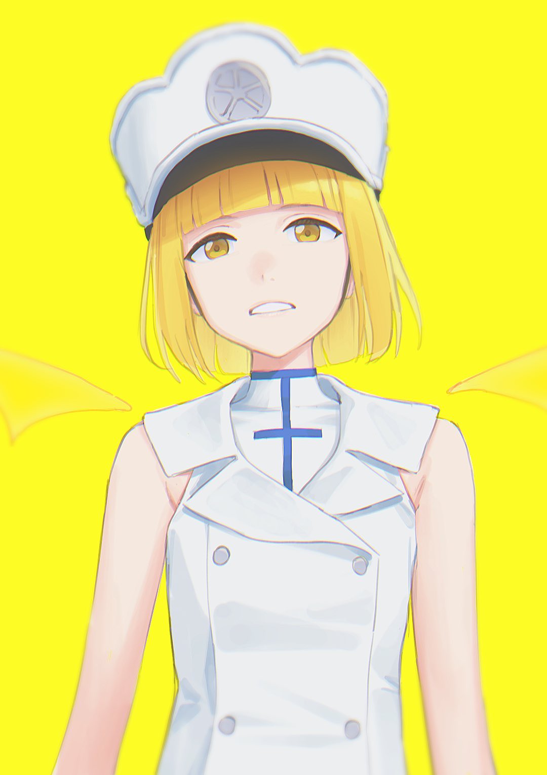 1girl blazer bleach bleach:_the_thousand-year_blood_war blonde_hair blunt_bangs hat highres jacket liltotto_lamperd looking_at_viewer mikazuchi_zeus parted_lips shirt short_hair sleeveless solo white_headwear white_jacket white_shirt wings yellow_background yellow_eyes yellow_wings