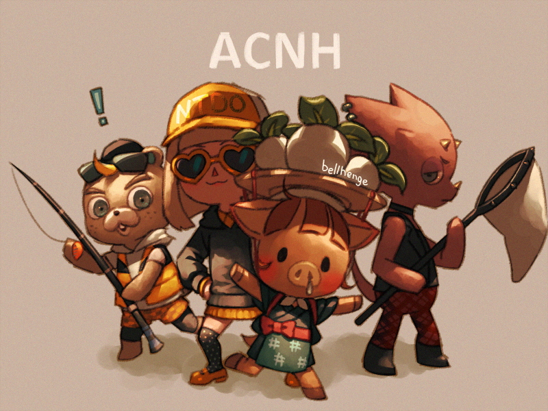 ! 2boys 2girls :3 animal_crossing animal_ears artist_name baseball bellhenge black_choker black_eyes black_footwear black_headwear black_hoodie black_pantyhose black_shirt black_socks blue_eyes blue_jacket blue_kimono blunt_bangs blunt_ends blush boots bow brown_footwear brown_hair butterfly_net character_request choker closed_mouth collar collared_sweater commentary copyright_name english_commentary eyewear_on_head fishing_rod freckles furry furry_female furry_male grey_background half-closed_eyes hand_net hands_on_own_hips haori hat headwear_request heart heart-shaped_eyewear high-visibility_vest holding holding_butterfly_net holding_fishing_rod hood hood_down hooded_shirt hoodie hooves jacket japanese_clothes kimono layered_sleeves leg_up long_hair mary_janes medium_hair multiple_boys multiple_girls open_clothes open_jacket open_mouth open_vest outstretched_arms over-kneehighs oversized_clothes pants pantyhose pig_ears pig_nose pink_bow plaid plaid_pants plaid_shorts polka_dot_socks red_pants shadow shirt shoes short_kimono short_sleeves shorts sleeveless sleeveless_shirt small_horns smile snot_trail socks solid_oval_eyes sunglasses sweater tail thick_eyebrows thigh-highs two-tone_headwear upper_body v-shaped_eyebrows vest villager_(animal_crossing) waist_bow white_collar white_hair white_headwear white_shirt yellow-framed_eyewear yellow_footwear yellow_headwear yellow_horns yellow_shorts yellow_sweater yellow_vest