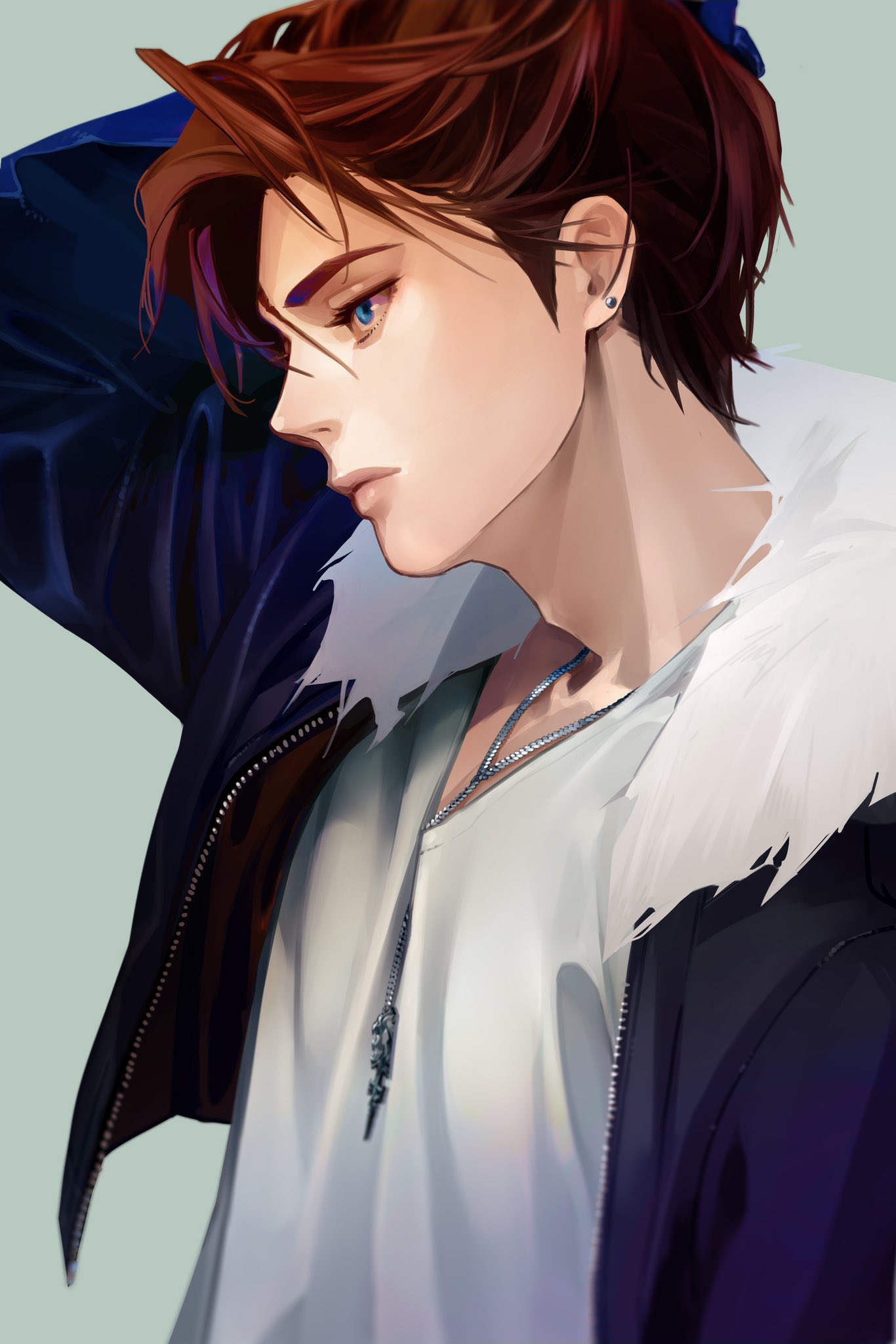 1boy black_jacket blue_eyes brown_hair cropped_jacket earrings expressionless final_fantasy final_fantasy_viii from_side fur-trimmed_jacket fur_trim hair_up highres holding holding_hair holding_own_hair jacket jewelry long_sleeves male_focus necklace nini_tw99 scar scar_on_face scar_on_forehead shirt simple_background solo squall_leonhart stud_earrings white_fur white_shirt