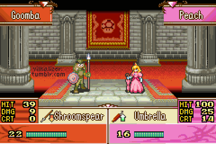 1girl animated animated_gif blonde_hair concealed_weapon critical_hit crossover crown dodging dress duel english_text fire_emblem goomba heads-up_display pink_dress pixel_art polearm princess_peach spear sprite super_mario_bros. super_star_(mario) tumblr_username vilkalizer weapon