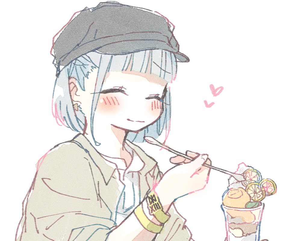 1girl ^_^ black_headwear blush bracelet cha_ipride closed_eyes closed_mouth collared_shirt dessert earrings facing_viewer flat_cap food from_side fruit glass grey_hair grey_shirt hat holding holding_spoon ice_cream idoly_pride jewelry kana_(idoly_pride) lemon lemon_slice long_bangs long_sleeves open_clothes open_shirt shirt short_hair sidelocks simple_background sleeves_pushed_up solo spoon upper_body white_background