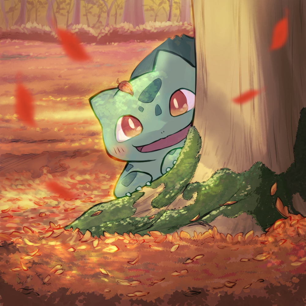 autumn autumn_leaves blush bright_pupils bulbasaur claws falling_leaves forest hiro_(haruumi0120) leaf moss nature no_humans nostrils open_mouth peeking_out pokemon pokemon_(creature) red_eyes solo tree under_tree white_pupils