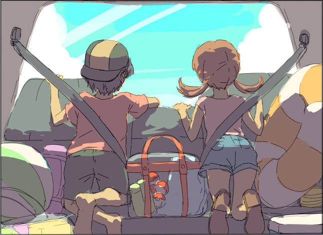 backwards_hat bag ball barefoot beachball binoculars brown_hair car car_interior child cloud from_behind gold_(pokemon) gold_(pokemon)_(remake) grey_hair hat in_car innertube kneeling kotone_(pokemon) motor_vehicle o-yuki poke_ball pokemon pokemon_(game) pokemon_gsc road_trip seatbelt see-through shoes short_hair short_twintails shorts sky soles t-shirt twintails vehicle window young