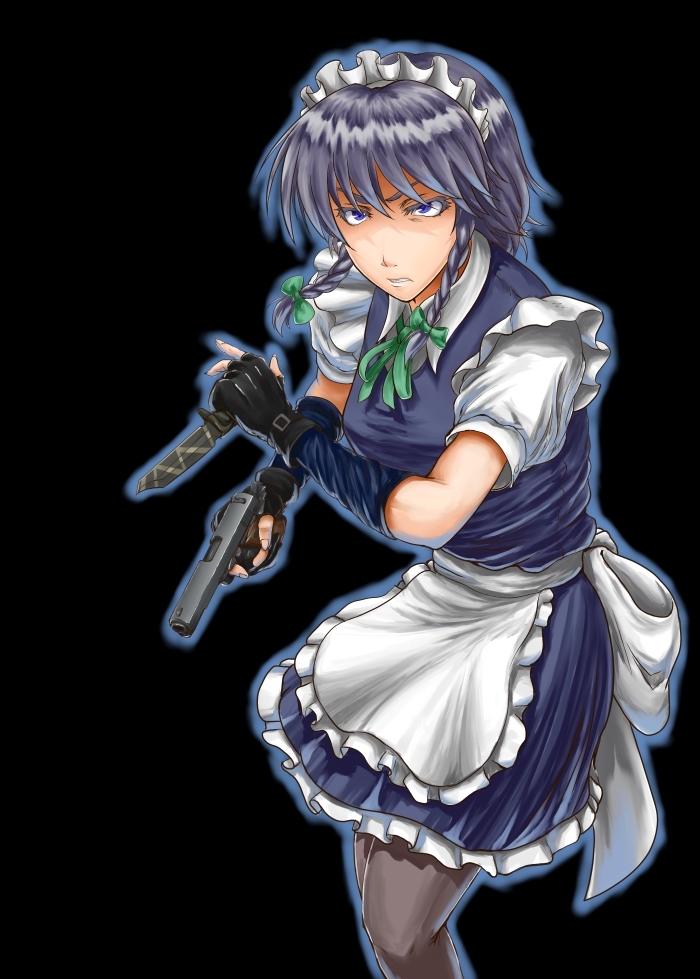 age-zero braid colt_m1911 cqc fingerless_gloves gloves gun handgun izayoi_sakuya knife m1911 maid maid_headdress metal_gear_solid metal_gear_solid_3 operator pantyhose parody pistol pose reverse_grip sunaipu_(age-zero) touhou weapon