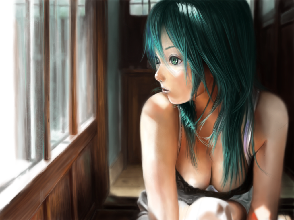 adult bra breasts cleavage down_blouse green_eyes green_hair hatsune_miku indoors lingerie occult_soda realistic solo underwear vocaloid window