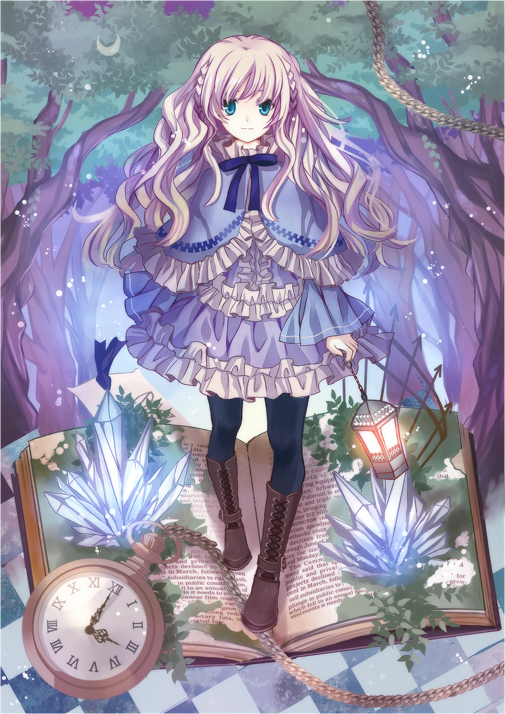 blue_eyes blue_legwear book boots bow braid chain checkered clock crescent_moon cross-laced_footwear crystal dress frilled_dress frills grin highres ice lace-up_boots lamp leaf long_hair moon night nozomi_fuuten open_book original pantyhose pigeon-toed pixiv_festa pocket_watch ribbon shawl smile solo tree twin_braids watch wavy_hair