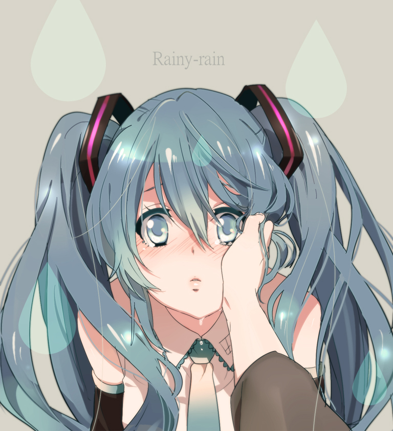 84k blue_eyes blue_hair blush detached_sleeves hand_on_another's_face hand_on_face hatsune_miku long_hair necktie pov raindrops shuri_(84k) stare tears twintails vocaloid water_drop