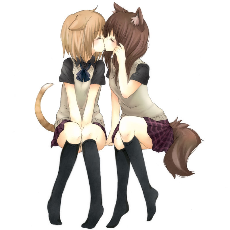 adjusting_hair animal_ears arm_support between_thighs blush brown_hair cat_ears cat_tail closed_eyes fox_ears fox_tail fuwayu kiss kneehighs light_brown_hair multiple_girls mutual_yuri no_shoes original plaid pleated_skirt profile ribbon school_uniform short_hair simple_background sitting skirt socks sweater_vest tail tartan v_arms vest yuri