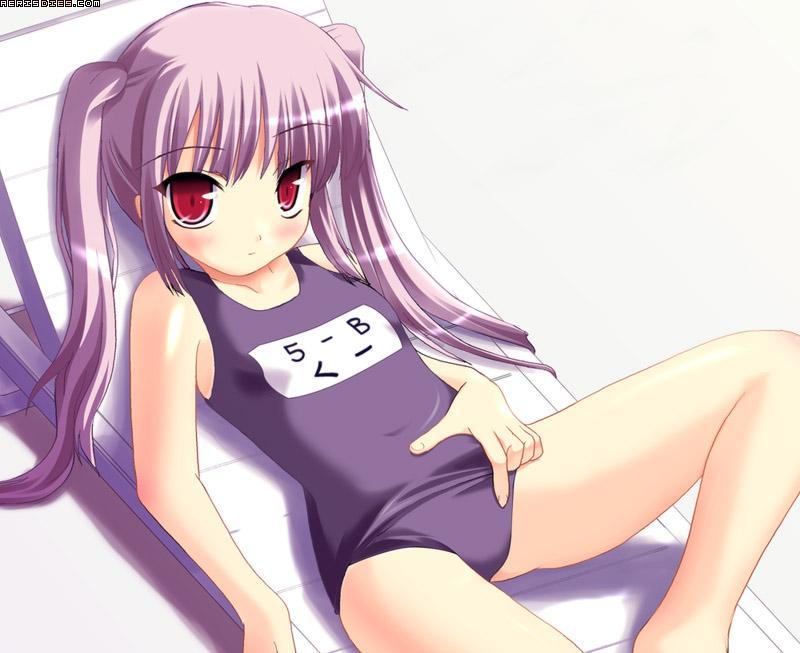 1girl big_eyes blush legs lying on_back pangya ponytails purple school_swimsuit solo sunbathing swimsuit young