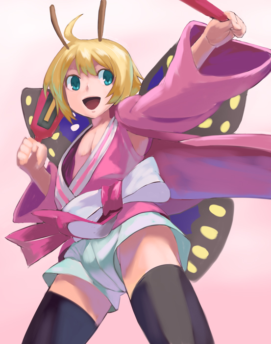 antennae blonde_hair blue_eyes butterfly_wings insect_girl iwaya male monster_girl open_mouth shimon shimotsuma solo thigh-highs thighhighs trap wings