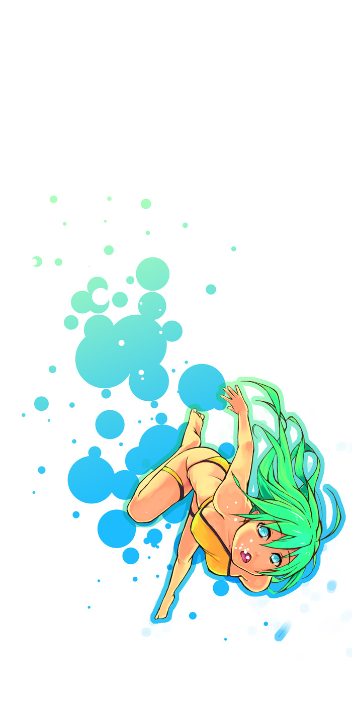 and bare_shoulders barefoot blue_eyes bubble freediving green_hair highres long_hair open_mouth solo swimming swimsuit thigh_strap