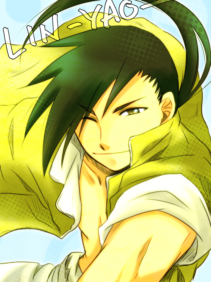 black_hair fullmetal_alchemist ling_yao lm2-3 male ponytail shirtless smile solo wink