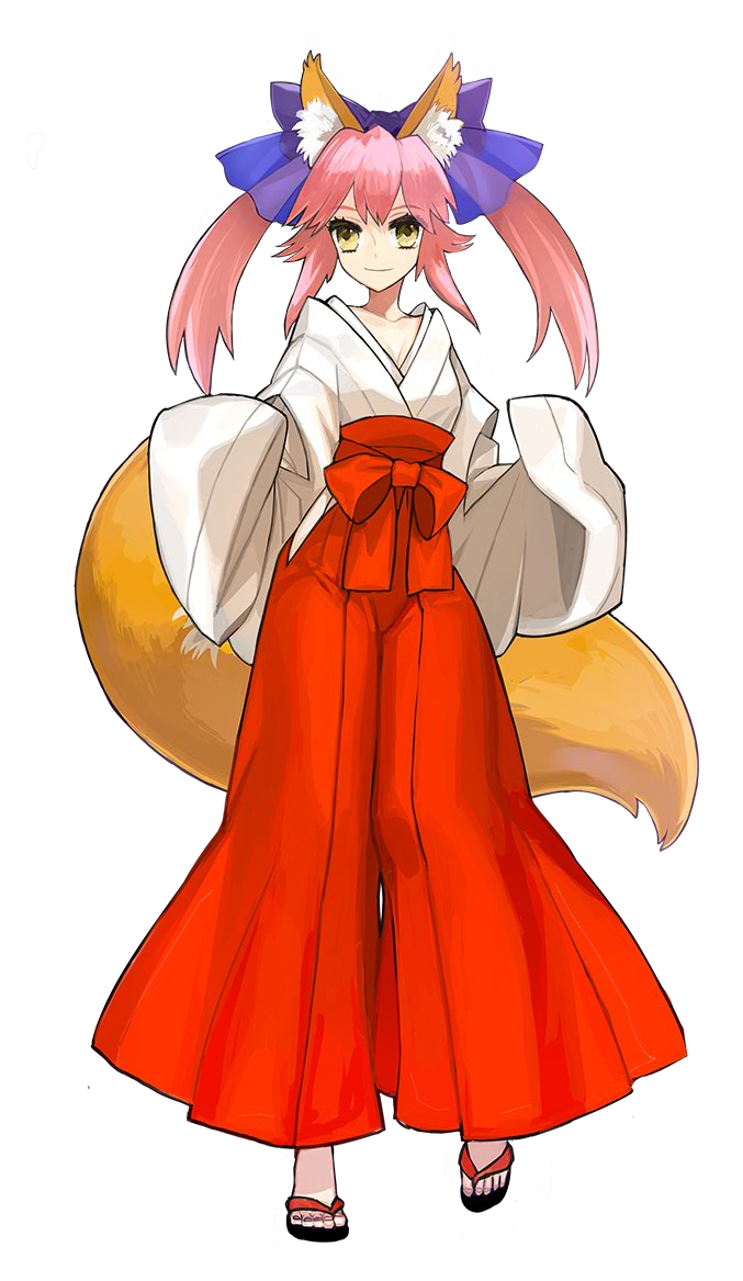 animal_ears caster_(fate/extra) clog_sandals fate/extra fate/stay_night fate_(series) flip-flops fox_ears fox_tail geta hair_ribbon japanese_clothes kimono miko official_art pink_hair ribbon sandals solo tail transparent_background twintails wada_aruko yellow_eyes