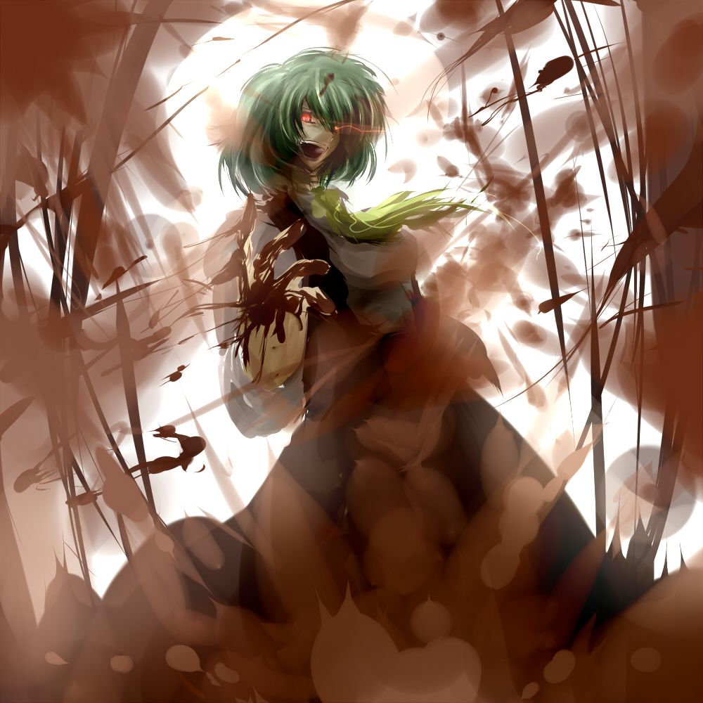 blood glowing glowing_eyes green_hair haji_(hajiko) kazami_yuuka laughing light_trail open_mouth red_eyes short_hair skirt skirt_set touhou vest