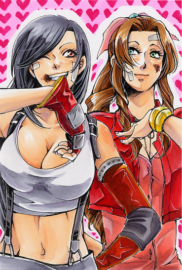 aerith_gainsborough bandaid black_hair bolero bow bracelet breasts brown_hair bruise cleavage dress elbow_gloves elbow_pads final_fantasy final_fantasy_vii gloves green_eyes hair_bow hand_on_chest hand_on_own_chest heart injury jewelry large_breasts long_hair lowres midriff mouth_hold multiple_girls navel nisitaro red_eyes smile suspenders taut_shirt tifa_lockhart wink