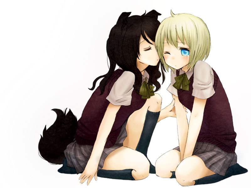 ahoge animal_ears arm_holding arm_support between_thighs black_hair blonde_hair blue_eyes cheek_kiss closed_eyes dog_ears dog_tail fuwayu kiss kneehighs multiple_girls no_shoes original plaid pleated_skirt ribbon school_uniform seiza short_hair simple_background sitting skirt socks sweater_vest tail tartan tears v_arms vest wince wink yuri