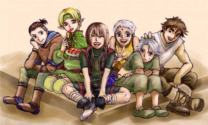 blonde_hair boots dark_skin elf facial_mark forehead_mark gensou_suikoden gensou_suikoden_iv green_eyes headband jewel_(suikoden) keneth kneeling laughing lazlo open_mouth paula_(suikoden) pointy_ears short_hair silver_hair sitting smile snowe_vingerhut suikoden suikoden_iv sweatdrop tal thigh-highs thighhighs