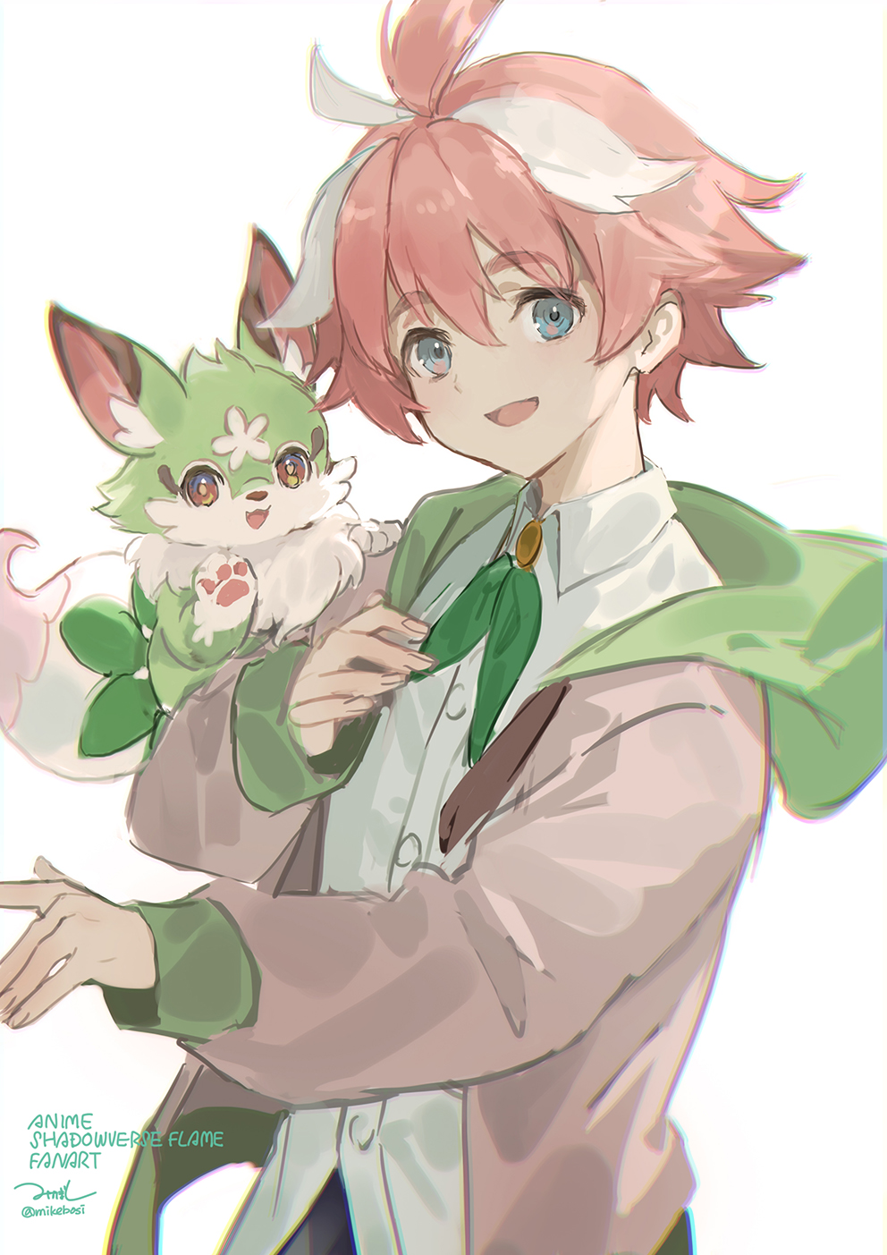 1boy 1other animal_ear_fluff animal_hands antenna_hair blue_eyes bow bowtie bright_pupils buttons digifriend english_text fluffy green_bow green_hoodie hair_between_eyes hand_on_own_chest highres hood hood_down hoodie jacket male_focus mikebosi mitsutagawa_itsuki_(shadowverse_flame) multicolored_hair nose open_mouth orange_eyes outstretched_arm pink_hair pink_jacket shadowverse shadowverse_flame shirt simple_background slade_(shadowverse_flame) smile solo upper_body white_background white_hair white_shirt wing_collar wrinkled_fabric