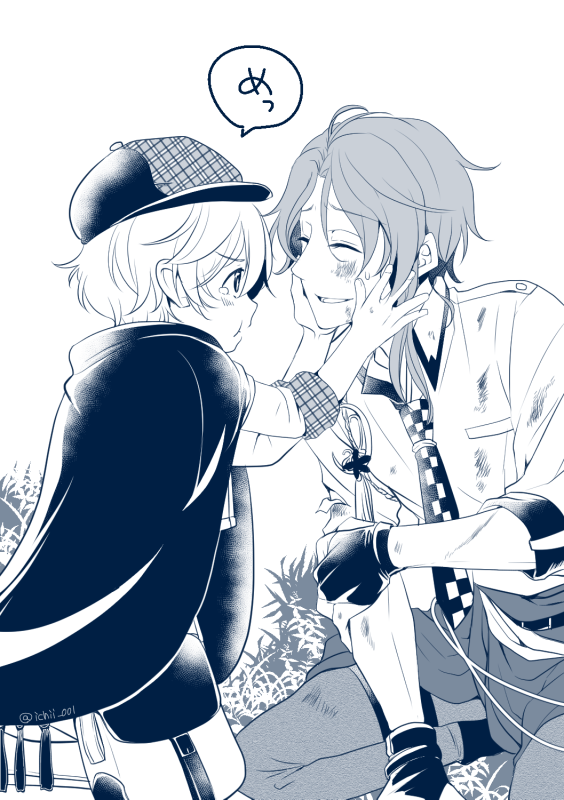 2boys :t ^_^ belt_pouch bungou_to_alchemist cabbie_hat cape checkered_necktie closed_eyes clothes_around_waist collared_shirt crescent crescent_pin dirty dirty_clothes facing_another feet_out_of_frame fingerless_gloves from_side furrowed_brow gloves greyscale hair_between_eyes hand_on_own_arm hands_on_another's_cheeks hands_on_another's_face hat ichii_(ichii_00) kneeling looking_at_another male_focus miyazawa_kenji_(bungou_to_alchemist) monochrome multiple_boys necktie on_grass open_collar pants parted_bangs parted_lips plaid_headwear pouch pout profile scratches shirt short_hair simple_background single_sidelock sleeves_rolled_up smile speech_bubble sweatdrop takamura_koutarou_(bungou_to_alchemist) tassel tearing_up white_background worried