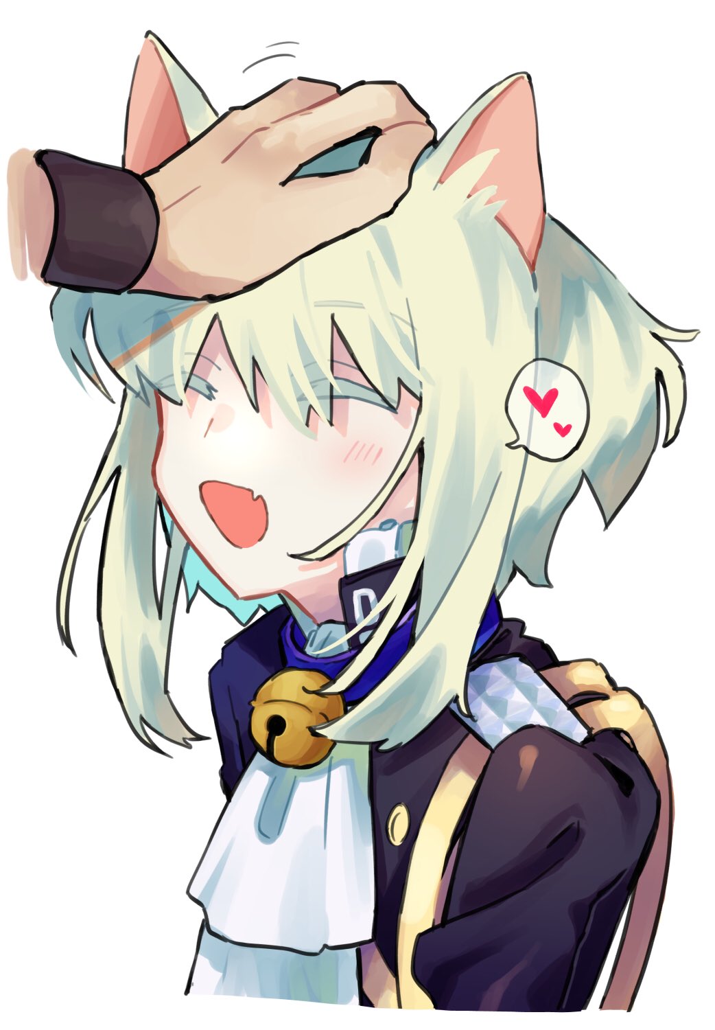 2boys :d animal_ears ascot bell black_jacket blonde_hair blue_collar blush cat_boy cat_ears cat_tail closed_eyes collar fang galo_thymos happy headpat heart highres jacket kemonomimi_mode lio_fotia male_focus multiple_boys neck_bell otoko_no_ko out_of_frame promare rinno_promare short_hair sidelocks smile solo_focus spoken_heart tail violet_eyes white_ascot wristband