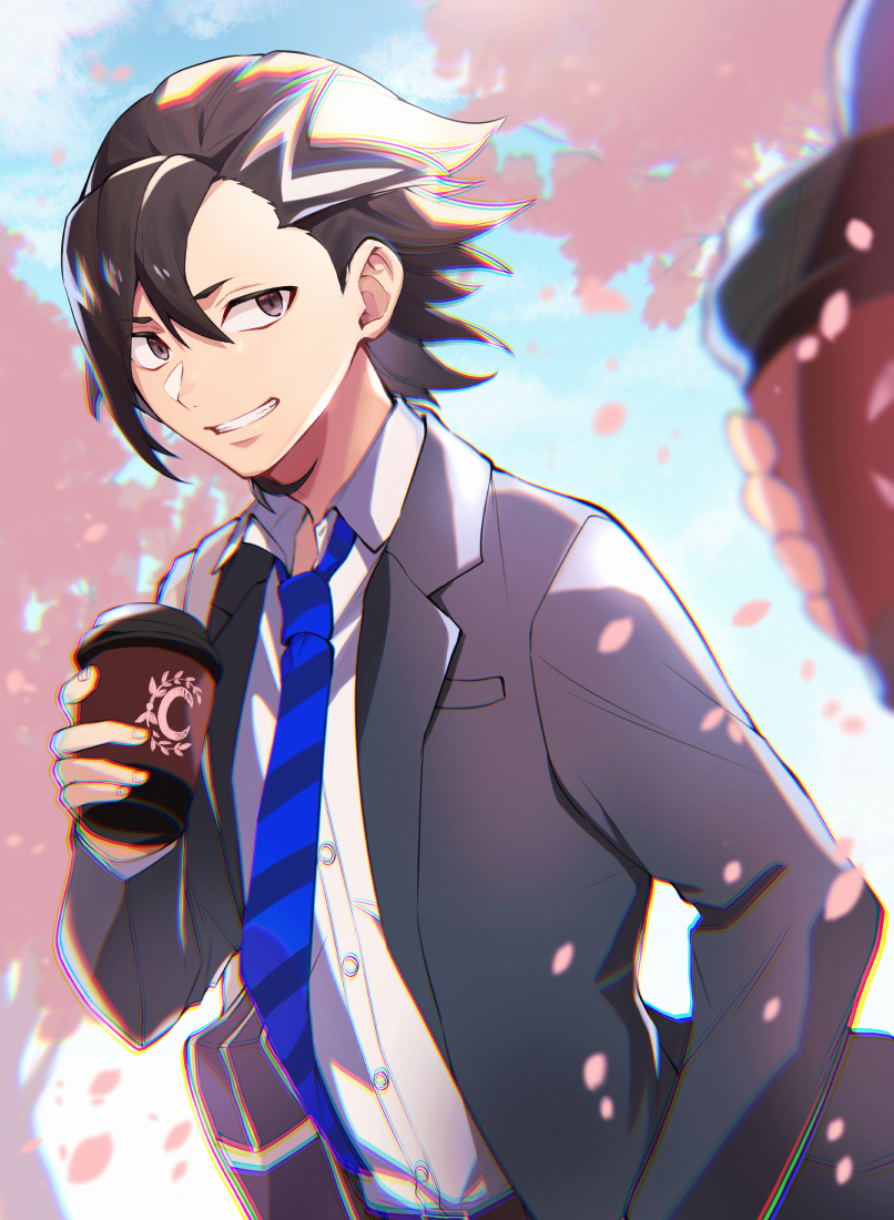1boy 1other alternate_costume black_hair blue_necktie brown_eyes cherry_blossoms coffee collared_shirt cup day disposable_cup fate/extella fate/extella_link fate/extra fate/grand_order fate_(series) kotoko902 long_sleeves looking_at_another mandricardo_(fate) necktie outdoors petals shirt short_hair smile suit teeth white_shirt