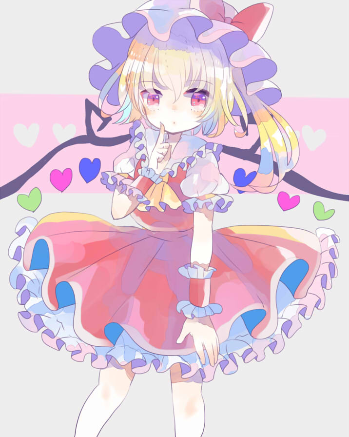 1girl alternate_wings ascot blonde_hair bow closed_mouth dot_mouth dot_nose feet_out_of_frame finger_to_mouth flandre_scarlet frilled_shirt_collar frilled_skirt frilled_sleeves frills hair_between_eyes hat hat_bow heart heart_background hiyuu_(hiyualice) long_hair looking_at_viewer mob_cap multicolored_wings one_side_up pink_background puffy_short_sleeves puffy_sleeves red_bow red_skirt red_vest shirt short_sleeves simple_background skirt skirt_set solo touhou vest white_headwear white_shirt wings wrist_cuffs yellow_ascot