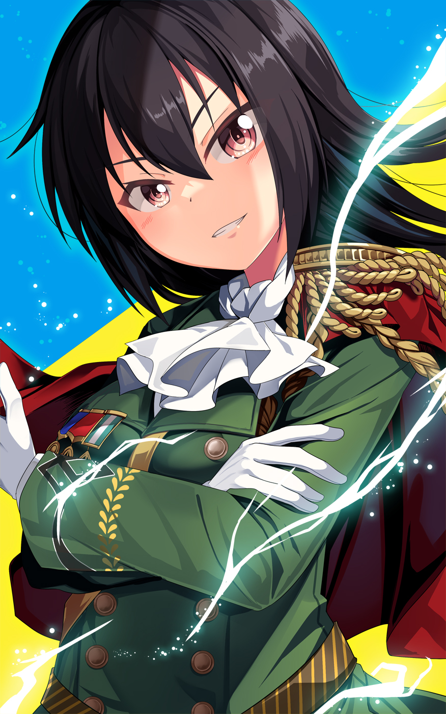 1girl aiguillette black_hair blush buttons cape choker cosplay double-breasted dress epaulettes gloves green_dress grin hair_between_eyes highres kantai_collection long_hair long_sleeves nagato_(kancolle) red_cape red_eyes smile solo symboli_rudolf_(umamusume) symboli_rudolf_(umamusume)_(cosplay) umamusume white_choker white_gloves yasume_yukito