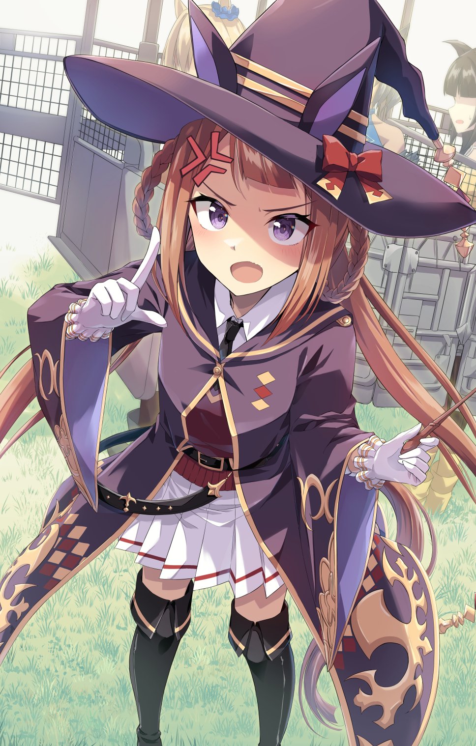 1girl anger_vein animal_ears belt boots breasts brown_hair gate gloves grass hair_rings hat highres horse_girl looking_at_viewer murasaki_himuro necktie pointing shaded_face small_breasts solo solo_focus sweep_tosho_(umamusume) thigh_boots twintails umamusume violet_eyes wand witch_hat
