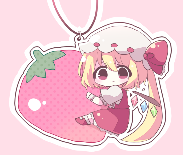 1girl blonde_hair bow chibi closed_mouth flandre_scarlet food frilled_skirt frilled_sleeves frills from_side fruit full_body hair_between_eyes hat hat_bow long_hair looking_at_viewer looking_to_the_side mary_janes mob_cap multicolored_wings puffy_short_sleeves puffy_sleeves red_bow red_eyes red_footwear red_ribbon red_skirt red_vest ribbon ribbon-trimmed_headwear ribbon_trim shirt shoes short_sleeves skirt socks strawberry su-tsu touhou very_long_hair vest white_headwear white_shirt white_socks wings