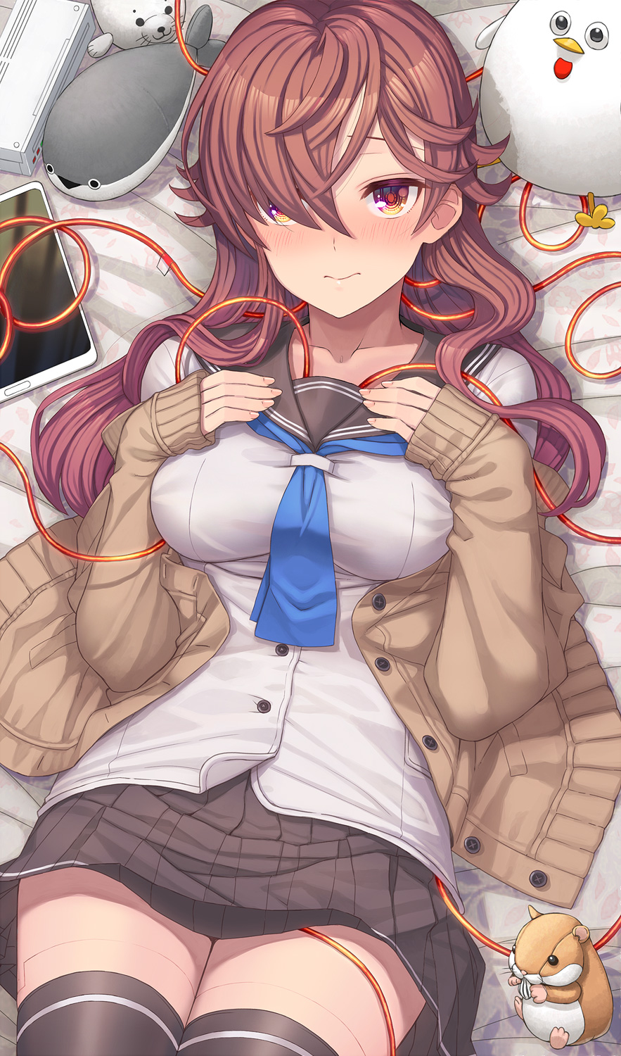 1girl android_girl_(itou) black_thighhighs blue_neckerchief blush breasts brown_eyes brown_hair brown_skirt cable cardigan closed_mouth hair_over_one_eye hands_on_own_chest highres itou_(onsoku_tassha) joints long_hair long_sleeves looking_at_viewer lying medium_breasts neckerchief off_shoulder on_back on_bed original pleated_skirt robot_joints school_uniform serafuku shirt skirt sleeves_past_wrists solo stuffed_animal stuffed_toy tablet_pc thigh-highs thighs white_shirt zettai_ryouiki