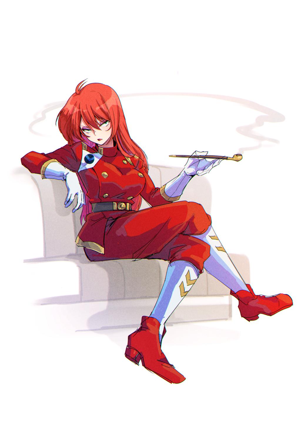 1girl abiko_yuuji breasts closed_mouth couch crossed_legs eyeliner full_body fushigi_no_umi_no_nadia gloves grandis_granva highres long_hair looking_at_viewer makeup red_lips redhead simple_background sitting smoking_pipe solo uniform white_background white_gloves