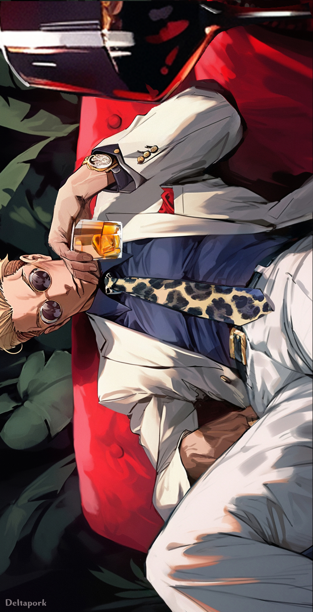 1boy alcohol animal_print belt black_belt blonde_hair cup deltapork drinking_glass goggles grey_pants grey_suit highres holding holding_cup jujutsu_kaisen leopard_print long_sleeves looking_at_viewer male_focus nanami_kento necktie pants shirt shot_glass sideways sitting solo suit watch watch whiskey