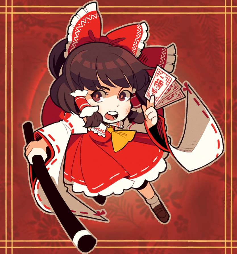 1girl ascot between_fingers bow brown_eyes brown_footwear brown_hair collared_shirt commentary detached_sleeves dress english_commentary frilled_bow frilled_dress frilled_hair_tubes frilled_shirt_collar frills full_body hair_bow hair_tubes hakurei_reimu holding holding_stick long_hair luckyblackcatxiii open_mouth red_background red_bow red_dress red_ribbon ribbon ribbon-trimmed_sleeves ribbon_trim sarashi shirt shoes sleeveless sleeveless_dress socks solo stick teeth touhou white_socks yellow_ascot