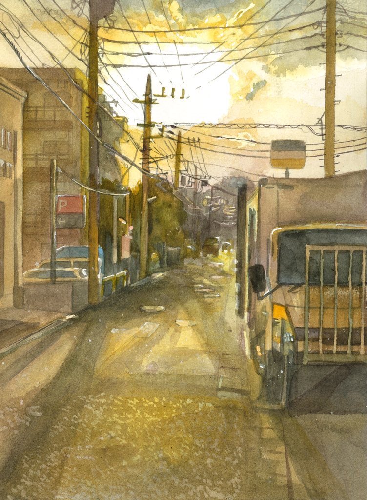 building car day motor_vehicle no_humans original painting_(medium) power_lines road road_sign scenery sign street sunlight tlctm7h8wdwnthx traditional_media truck utility_pole watercolor_(medium)