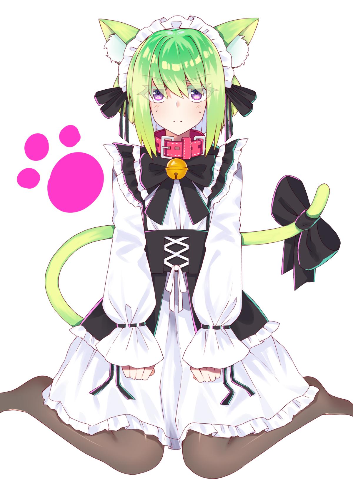 1boy animal_ear_fluff animal_ears bell black_bow black_pantyhose bow cat_boy cat_ears cat_tail collar crossdressing green_hair highres kemonomimi_mode lio_fotia long_sleeves maid maid_headdress male_focus neck_bell otoko_no_ko pantyhose paw_print promare puffy_long_sleeves puffy_sleeves red_collar rinno_promare short_hair simple_background solo tail tail_bow tail_ornament violet_eyes white_background