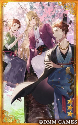 3boys :d :o airm bandaged_arm bandages bead_necklace beads black_cape black_sash blonde_hair blue_kimono braid brown_eyes brown_hair bungou_to_alchemist cape card_(medium) cherry_blossoms copyright crossed_arms dappled_sunlight day falling_petals feet_out_of_frame flower flower_knot full_body green_eyes green_kimono grey_hakama grey_kimono hair_between_eyes hair_slicked_back hair_tubes hakama hand_up haori in_tree jacket japanese_clothes jewelry kimono kouda_rohan_(bungou_to_alchemist) long_hair looking_at_another looking_at_viewer looking_back lowres male_focus multiple_boys necklace obijime official_art open_clothes open_jacket ozaki_kouyou_(bungou_to_alchemist) parted_lips petals pink_flower pointing profile purple_jacket sash short_bangs short_hair side_braid sitting sitting_in_tree smile socks standing striped striped_kimono sunlight sweatdrop tabi tassel tasuki tokunaga_sunao_(bungou_to_alchemist) tree white_socks zouri