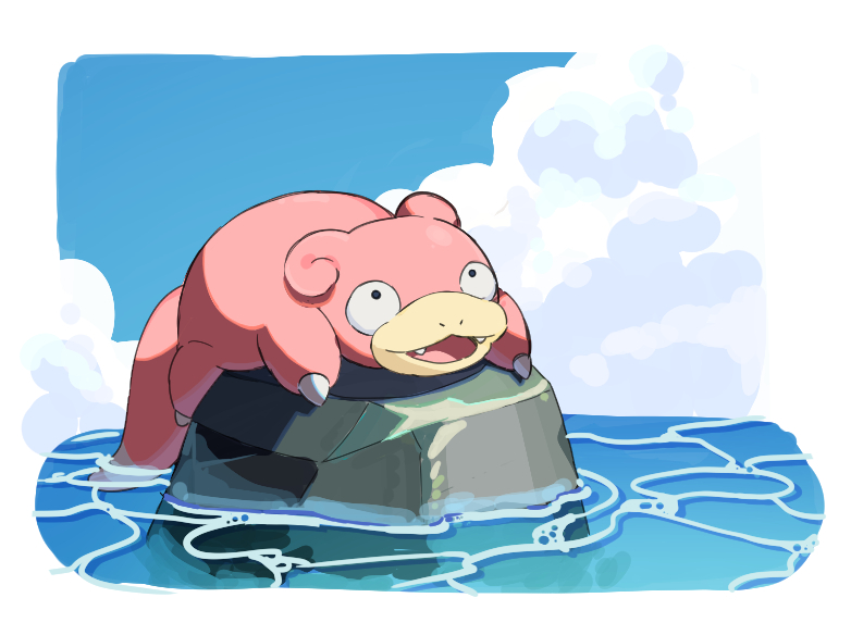 7h_(0831_re) :d black_eyes clouds commentary_request day fangs looking_up lying no_humans on_stomach open_mouth outdoors pokemon pokemon_(creature) rock sky slowpoke smile solo tongue water