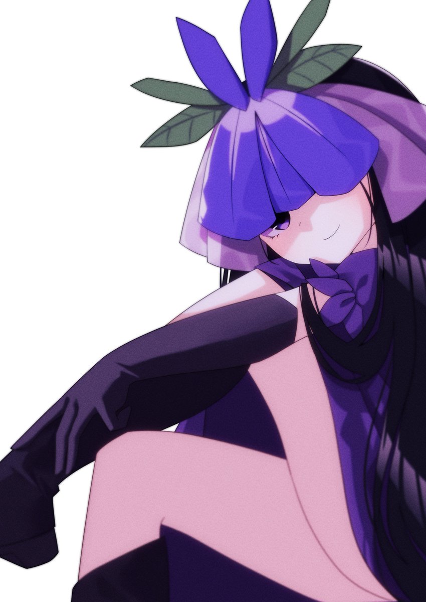 1girl black_footwear black_gloves black_hair boots dress elbow_gloves feet_out_of_frame flower flower_on_head gloves highres leaf leaf_on_head looking_at_viewer one_eye_covered orchid puffy_short_sleeves puffy_sleeves purple_dress shishidonagi short_sleeves simple_background smile solo touhou violet_eyes white_background yomotsu_hisami