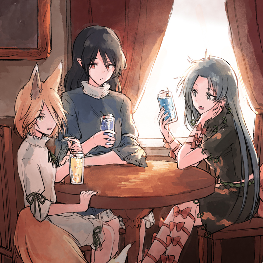 3girls animal_ears bad_link black_hair black_shirt black_skirt blonde_hair blue_dress bow brown_tail chair closed_mouth collared_shirt crossed_legs cup curtains day dress drink drinking_glass drinking_straw expressionless feet_out_of_frame fox_ears fox_girl fox_tail grey_eyes grey_hair grey_ribbon hair_between_eyes himemushi_momoyo hisona_(suaritesumi) holding holding_cup iizunamaru_megumu indoors kudamaki_tsukasa long_bangs long_hair looking_at_another looking_at_object multiple_girls on_chair open_mouth orange_bow orange_eyes pointy_ears ribbon-trimmed_sleeves ribbon_trim romper shirt short_hair short_sleeves sitting skirt skirt_set sleeves_past_elbows table tail touhou turtleneck_dress white_romper window wooden_chair wooden_table yellow_eyes yellow_tail