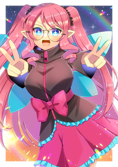 +_+ 1girl :d black_jacket blue_eyes blue_wings bow breasts commentary_request commission double_v fairy_wings frilled_skirt frills glasses jacket kou_hiyoyo large_breasts long_hair long_sleeves looking_at_viewer original pink_bow pink_hair pink_skirt pleated_skirt pointy_ears round_eyewear skeb_commission skirt smile solo swept_bangs two_side_up v v-shaped_eyebrows very_long_hair wings