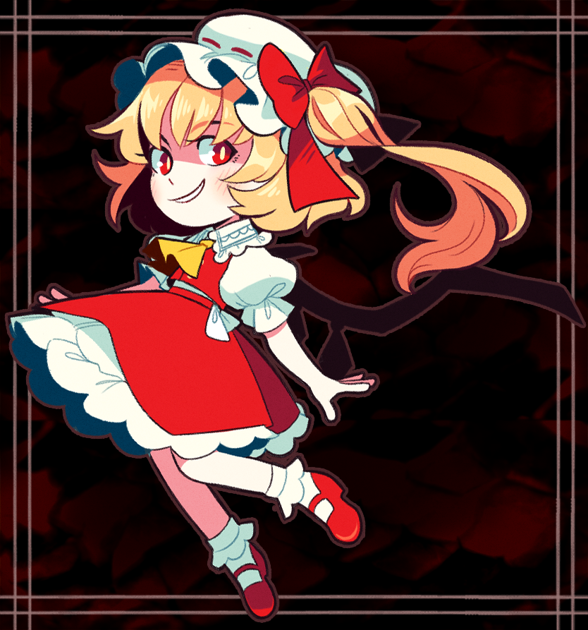 1girl ascot bobby_socks bow collared_shirt commentary dark_background english_commentary flandre_scarlet frilled_shirt_collar frilled_skirt frills full_body hat hat_bow long_hair looking_at_viewer luckyblackcatxiii mary_janes mob_cap one_side_up open_mouth puffy_short_sleeves puffy_sleeves red_background red_bow red_eyes red_footwear red_ribbon red_skirt red_vest ribbon ribbon-trimmed_headwear ribbon_trim shirt shoes short_sleeves simple_background skirt skirt_set socks solo touhou vest white_background white_shirt white_socks wings yellow_ascot