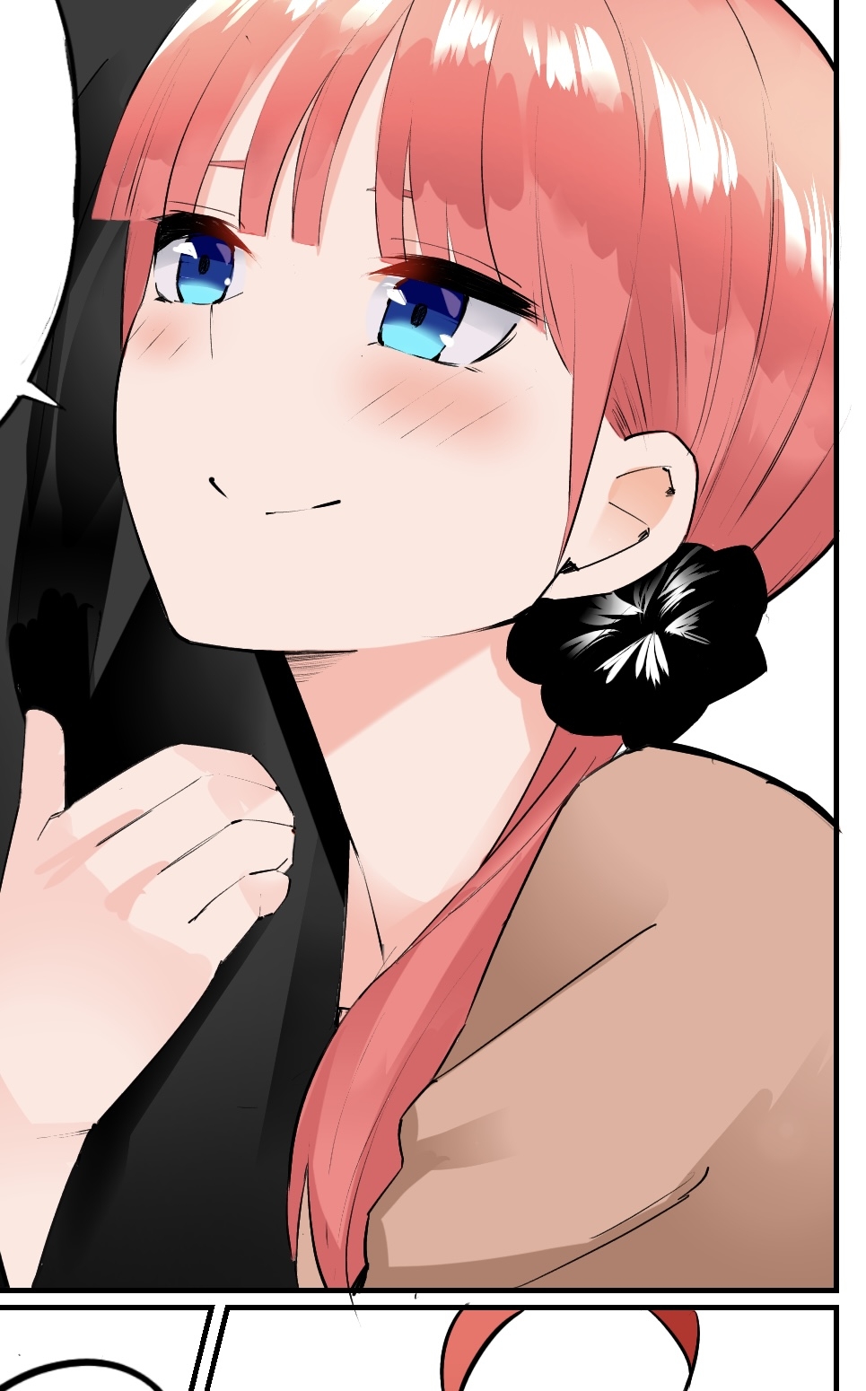 1girl 1other alternate_hairstyle arm_hug black_scrunchie blue_eyes blunt_bangs blush close-up closed_mouth commentary_request eyebrows_hidden_by_hair eyelashes go-toubun_no_hanayome hair_ornament hair_scrunchie happy highres long_hair looking_at_another looking_up low_twintails mame1645 nakano_nino pink_hair scrunchie smile solo_focus twintails