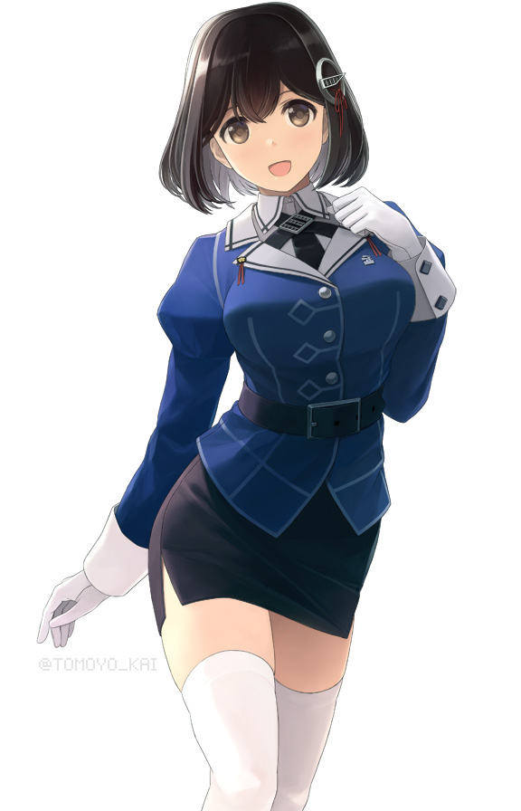 1girl black_hair black_skirt breasts brown_eyes gloves haguro_(kancolle) hair_between_eyes hair_ornament jacket juliet_sleeves kantai_collection large_breasts long_sleeves military_uniform open_mouth puffy_sleeves purple_jacket short_hair simple_background skirt smile solo thigh-highs tomoyo_kai twitter_username uniform white_background white_gloves white_thighhighs
