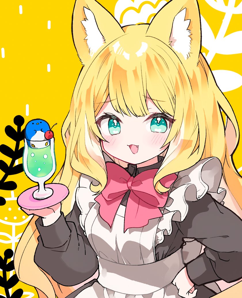 1girl animal_ear_fluff animal_ears apron bird black_shirt blonde_hair bow cherry colored_inner_hair cup drinking_glass fang food fox_ears fox_girl fruit fuwafuwa-chan_(kamiyoshi_rika) green_eyes hand_on_own_hip holding holding_tray kamiyoshi_rika light_blush long_hair long_sleeves looking_at_viewer maid maid_apron multicolored_hair open_mouth original penguin red_bow shirt smile soda solo tray upper_body very_long_hair wavy_hair yellow_background