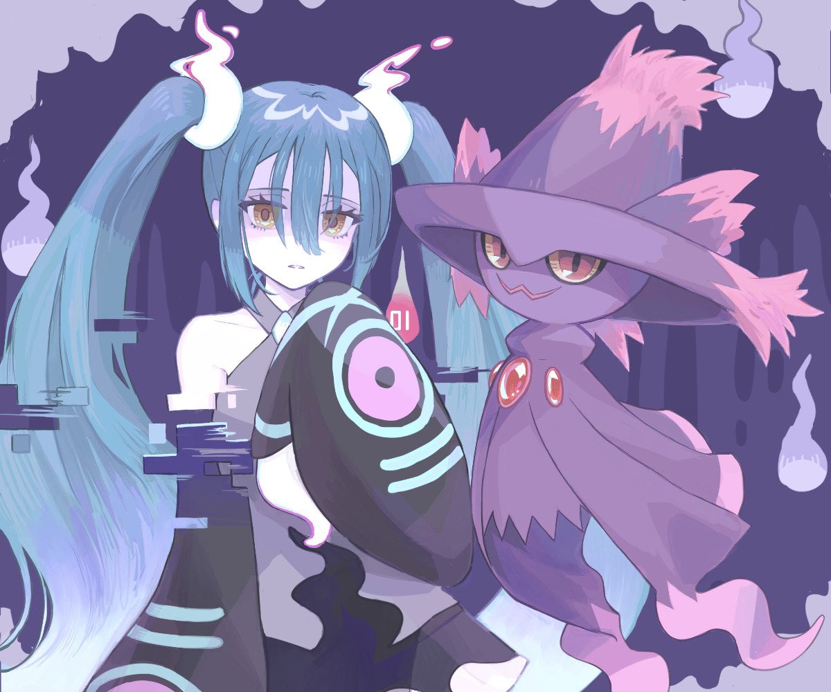 1girl aqua_hair detached_sleeves ghost ghost_miku_(project_voltage) glitch gradient_hair grey_shirt hair_between_eyes hatsune_miku long_hair looking_at_viewer mismagius multicolored_hair necktie pale_skin parted_lips pokemon pokemon_(creature) postonthesuzuki project_voltage shirt skirt twintails very_long_hair vocaloid will-o'-the-wisp_(mythology) yellow_eyes