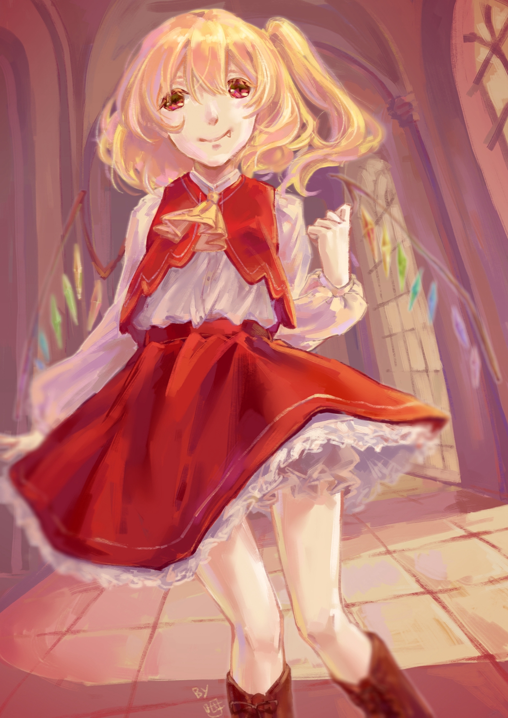 1girl adapted_costume arch ascot blonde_hair boots brown_footwear closed_mouth fang fang_out feet_out_of_frame flandre_scarlet frilled_skirt frills from_below hair_between_eyes hallway highres indoors long_sleeves looking_at_viewer medium_hair mei_yang multicolored_wings no_headwear one_side_up puffy_long_sleeves puffy_sleeves red_eyes red_skirt red_vest skirt skirt_set solo tile_floor tiles touhou vest window wings yellow_ascot