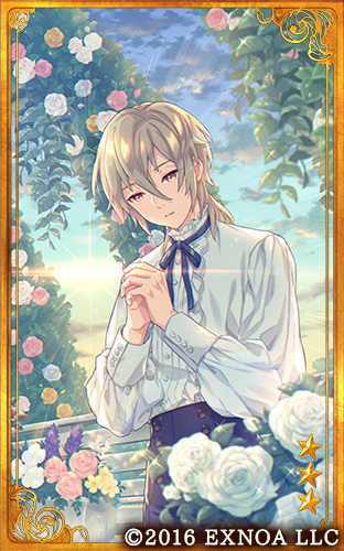 1boy arch black_pants blonde_hair blue_ribbon bungou_to_alchemist buttons card_(medium) center_frills closed_mouth clouds copyright cowboy_shot cuff_links dethmath double-breasted floral_arch flower flower_pot frills hair_between_eyes high-waist_pants long_sleeves lowres male_focus medium_hair miki_rofuu_(bungou_to_alchemist) neck_ribbon official_art outdoors own_hands_clasped own_hands_together pants pink_flower pink_rose puffy_long_sleeves puffy_sleeves purple_flower ribbon rose shirt solo sunrise violet_eyes white_flower white_rose white_shirt yellow_flower yellow_rose
