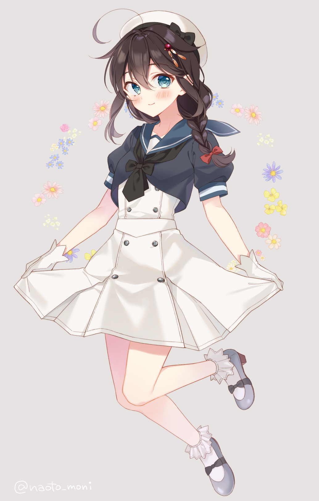 1girl ahoge blue_eyes blue_sailor_collar blush braid brown_hair closed_mouth dress floral_background gloves hair_flaps hair_ornament hair_over_shoulder hairpin hat highres janus_(kancolle) kantai_collection looking_at_viewer naoto_(tulip) sailor_collar sailor_dress sailor_hat shigure_(kancolle) shigure_kai_ni_(kancolle) simple_background single_braid smile socks solo twitter_username