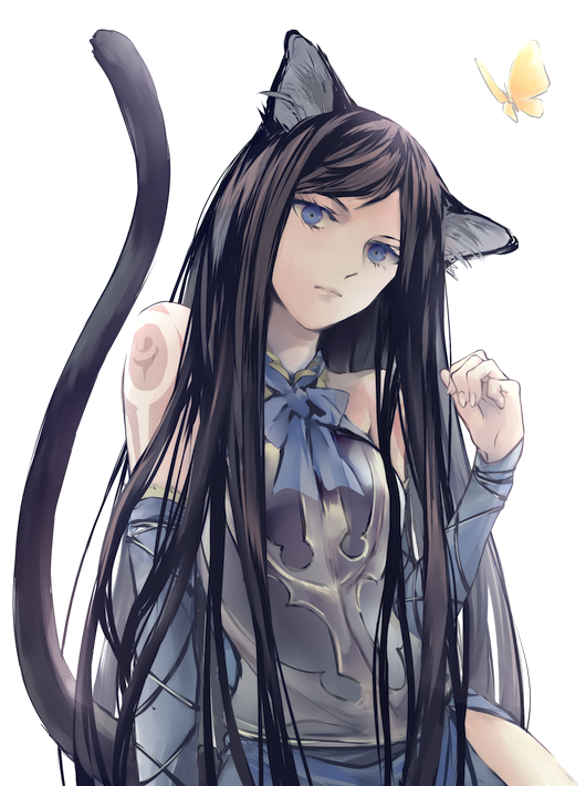 1girl animal_ears arm_tattoo bare_shoulders black_hair blue_eyes bug butterfly castlevania castlevania:_order_of_ecclesia cat_ears cat_tail closed_mouth dress grel_(r6hgvu5) long_hair looking_at_viewer shanoa simple_background solo tail tattoo very_long_hair white_background